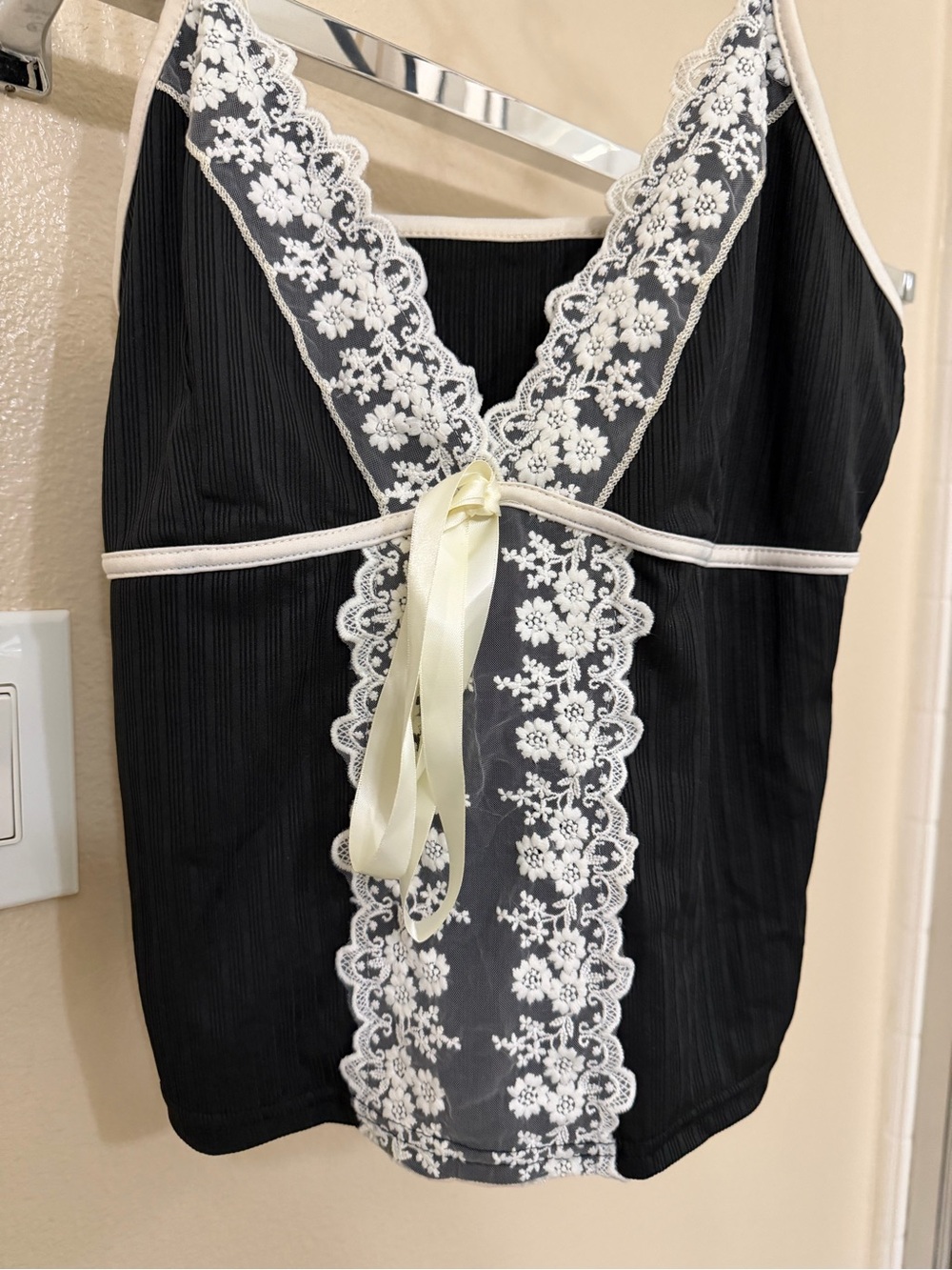 Black Lace-Trim Sleep Cami with Ivory Ribbon
